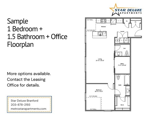A floor plan for a 1 bedroom plus 1.5 bathroom plus office apartment from Star Deluxe Apartments.